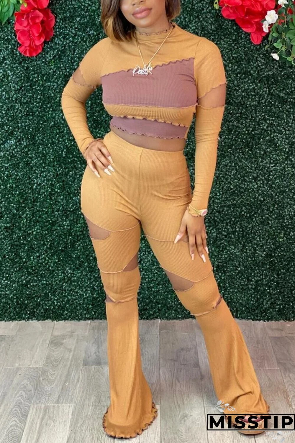 Yellow Fashion Sexy Patchwork Ripped Hollowed Out O Neck Long Sleeve Two Pieces