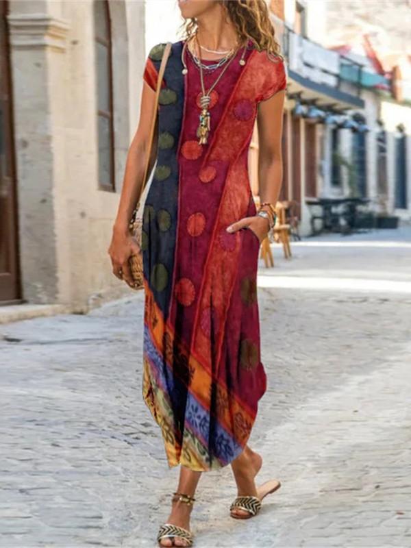 Women Short Sleeve Scoop Neck Floral Printed Maxi Dress