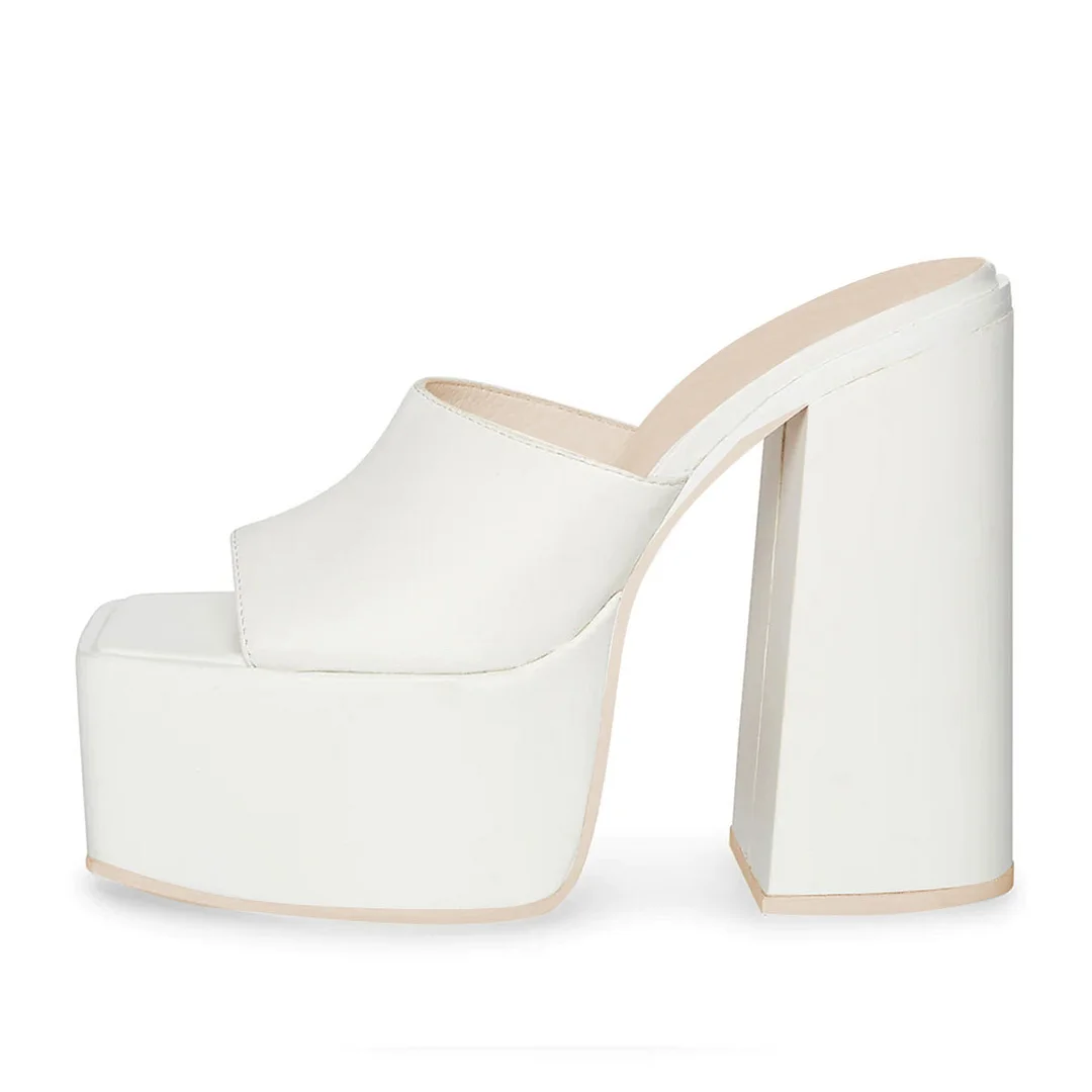 Women's Vegan Leather Square Toe Platform Block Heel Mules in Ivory