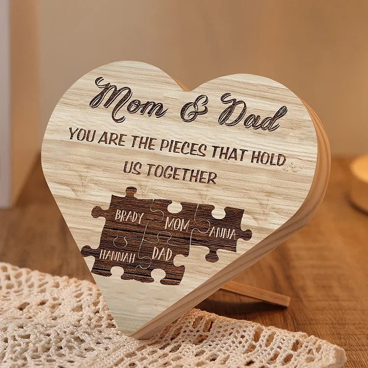 5 Names-Personalized Mom and Dad Wood Heart Ornament-You Are The Piece That Holds Us Together-Heart Wooden Desktop Decoration Gifts for Mother/Father