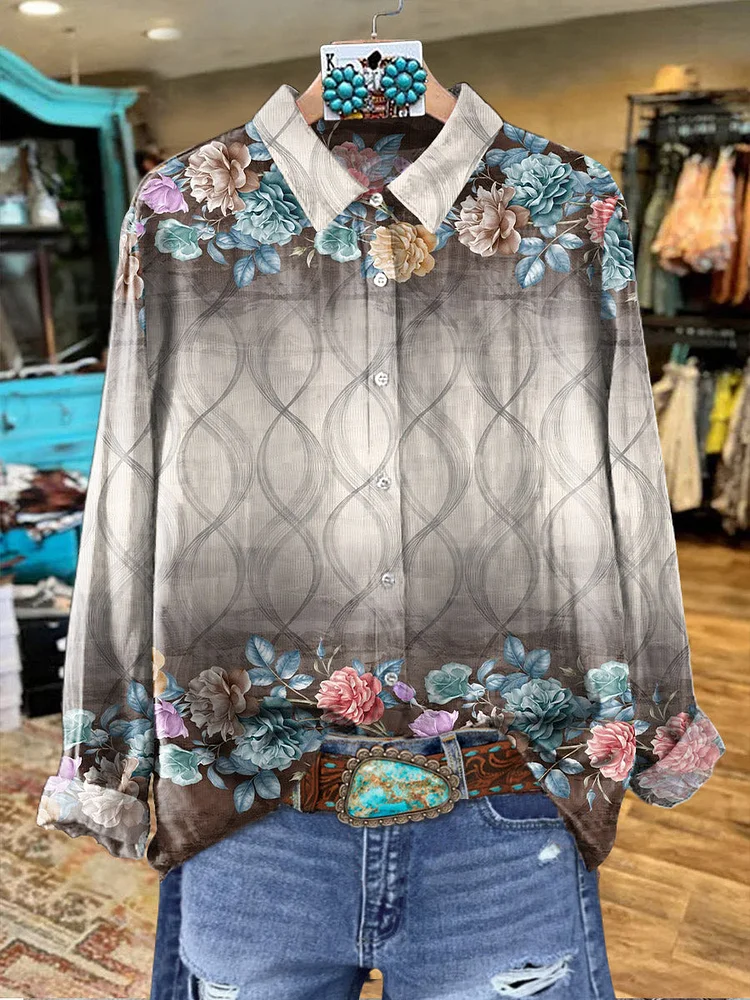 Vintage Gradient Stripes Art Graffiti Women's Print Casual Cotton Shirt