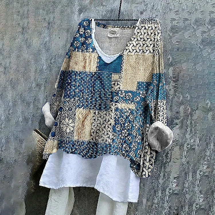 Utbros Floral Patchwork Japanese Sashiko Art Linen Blend Tunic