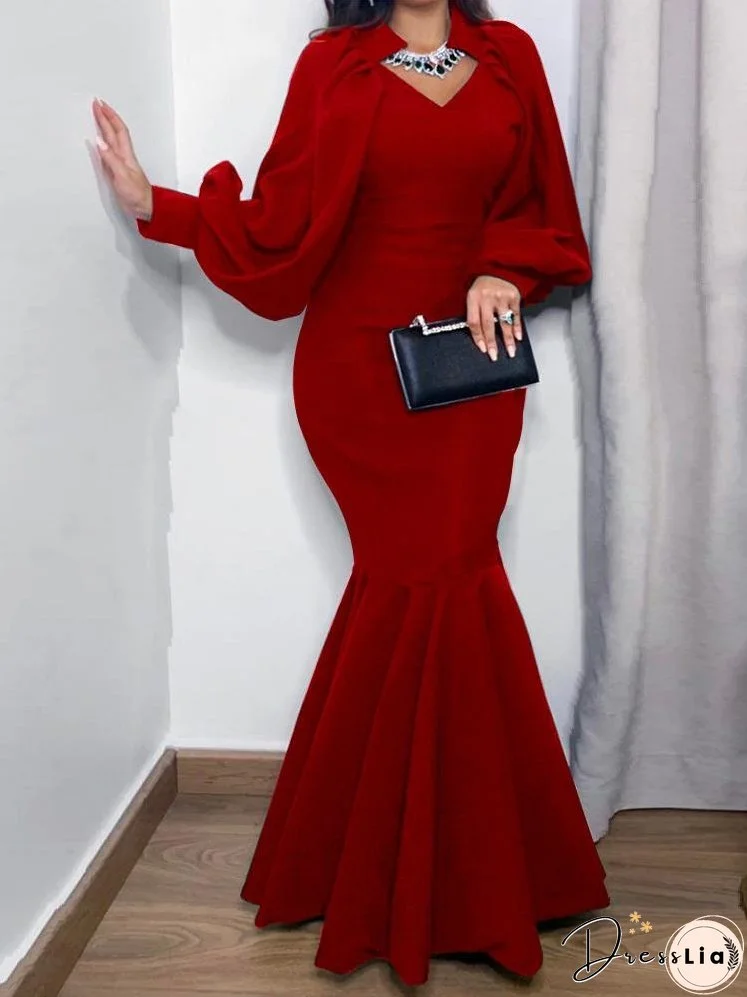 Women's Dresses Shawl V-Neck Lantern Long Sleeve Fishtail Dress