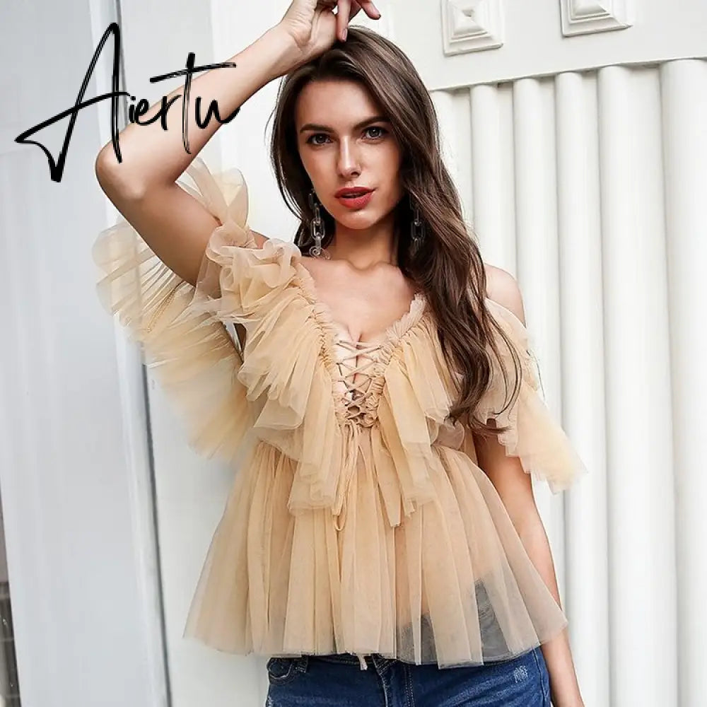 Aiertu Simplee V-neck mesh lace up sexy blouse summer women Strap boho ruffle cold shouler elegant tops Tulle see through casual shirt Aiertu