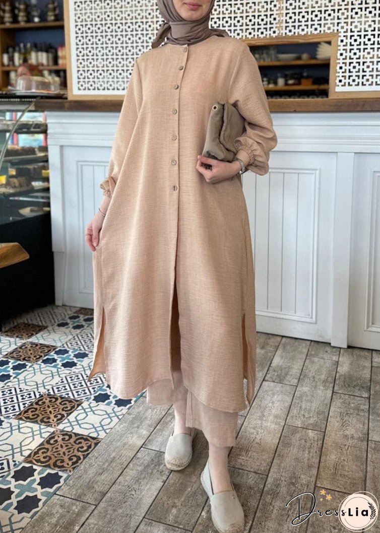 Plus Size Khaki Solid Button Cotton Two Pieces Set Long Sleeve