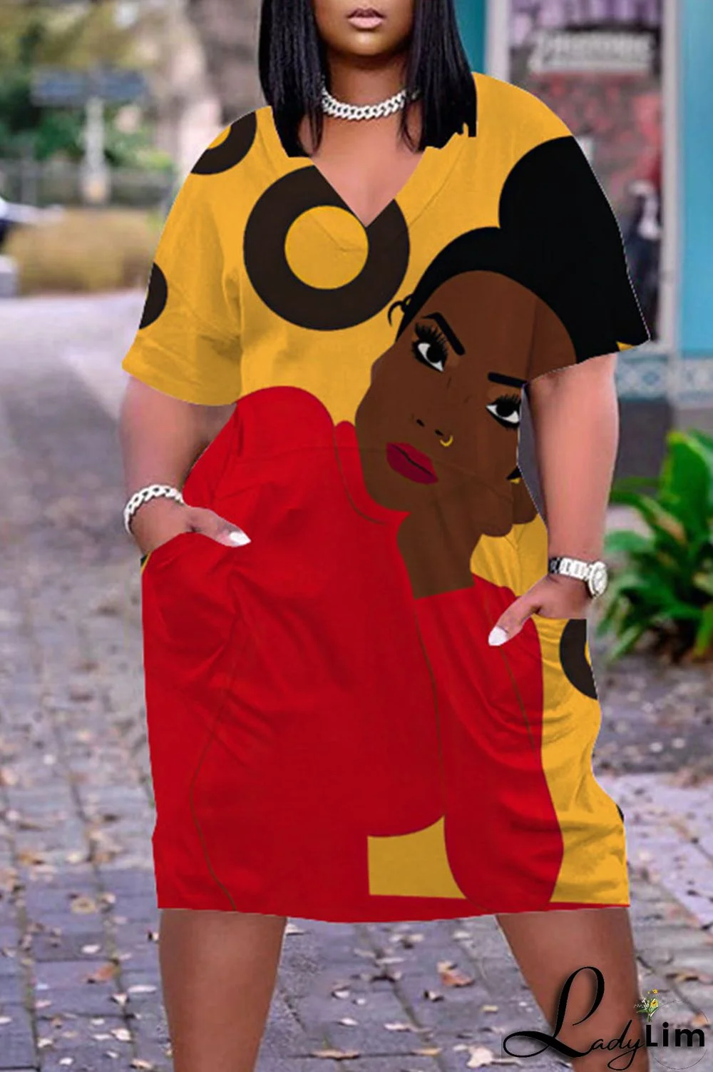 Beige Casual Street Print Patchwork V Neck Straight Dresses