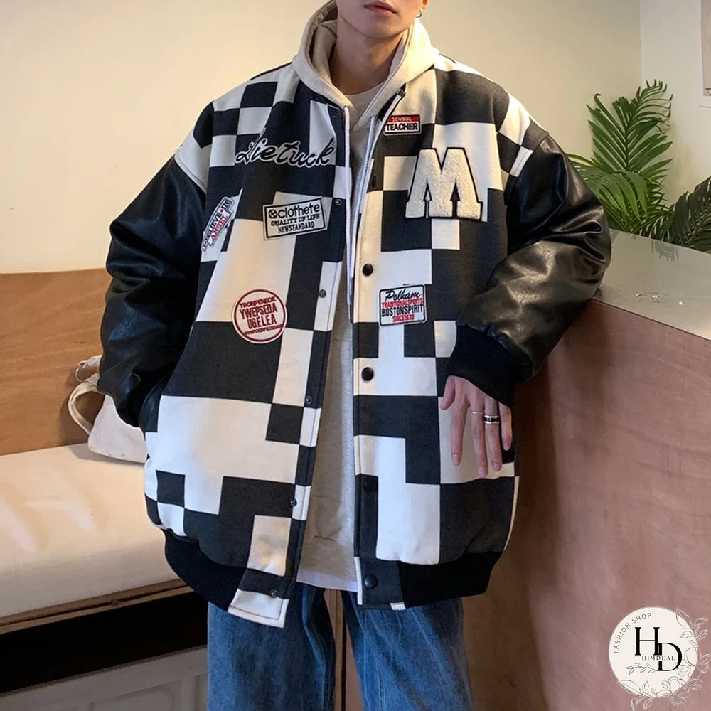 Checkerboard Oversize Couples Baseball Cotton Jacket