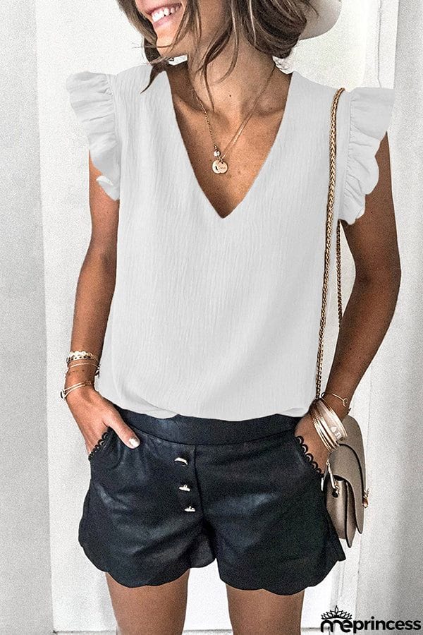 Casual T-shirt Solid V-neck Pullover Ruffle Sleeve Top