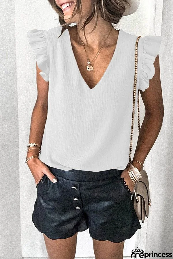 Casual T-shirt Solid V-neck Pullover Ruffle Sleeve Top