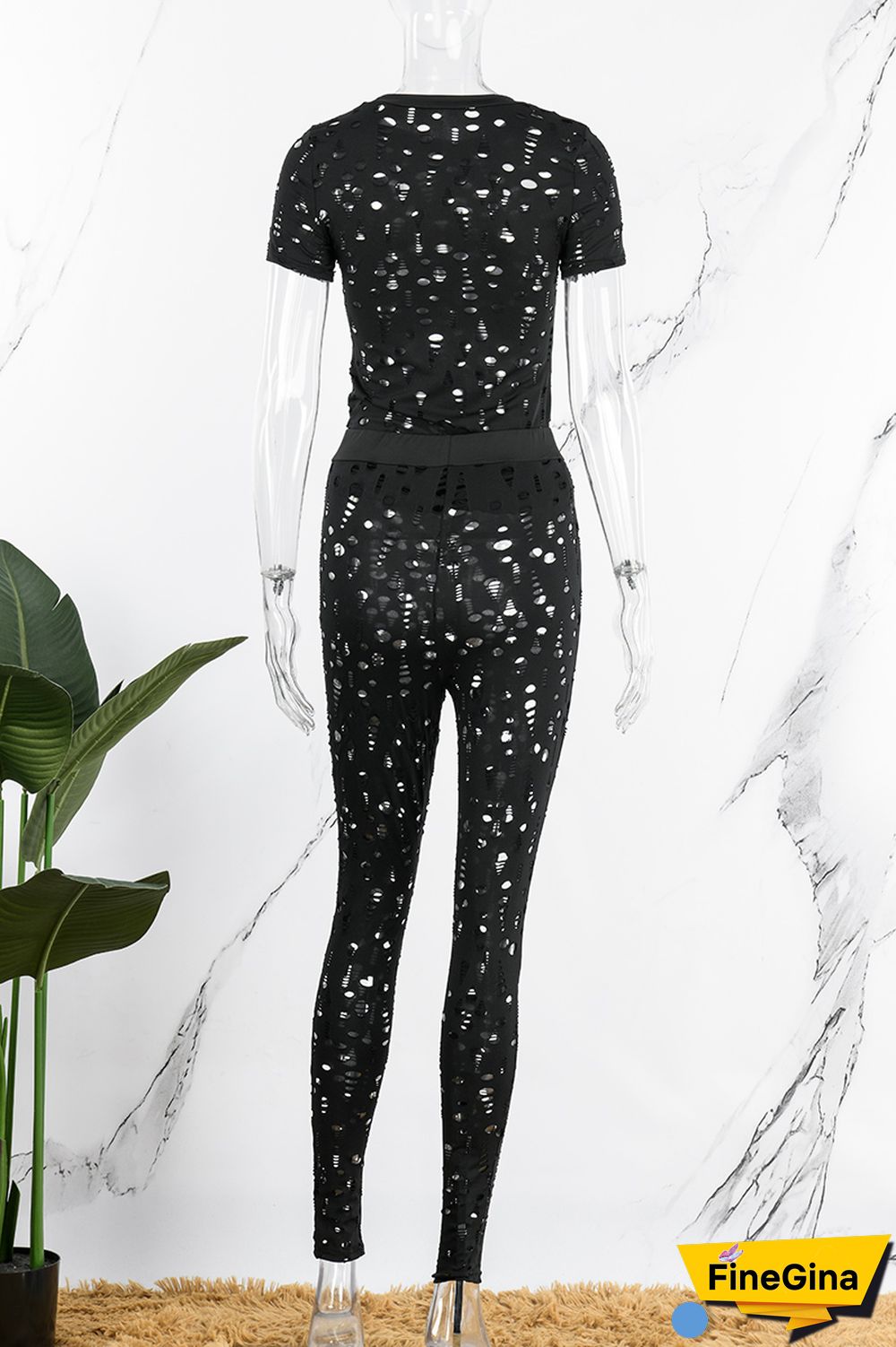 Black Sexy Solid Ripped Hollowed Out O Neck Short Sleeve Two Pieces