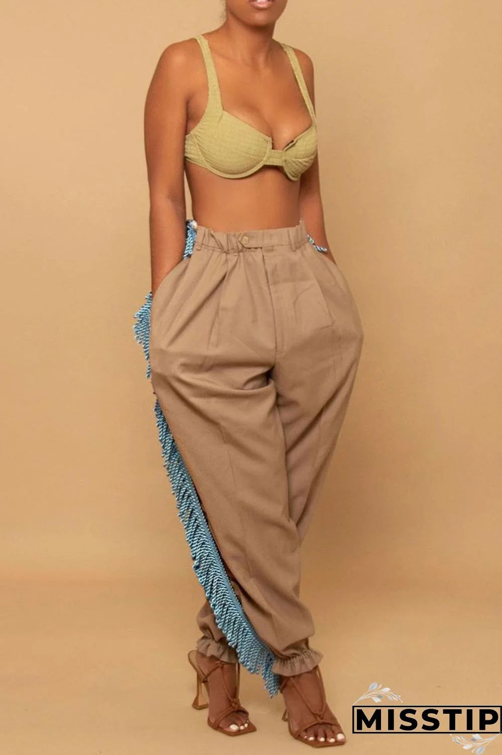 Black Casual Solid Tassel Patchwork Loose High Waist Pencil Solid Color Bottoms