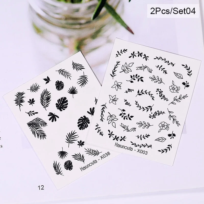 Harunouta Spring Flower Leaf Water Decals Love Heart Geometric Lines Nail Art Stickers DIY Slider Manicures Nail Art Decoration