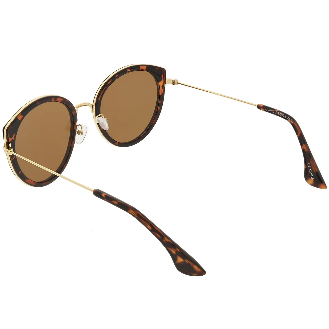 Modern Cat Eye glasses Metal Trim Round Colored Mirror Flat Lens 53mm