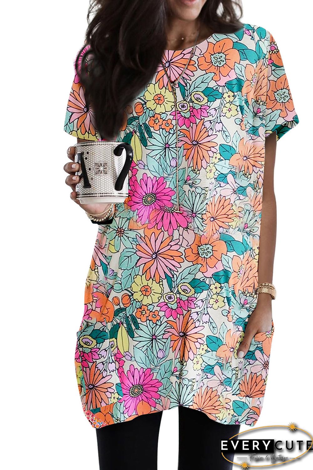 Multicolor Boho Flower Print Short Sleeve Tunic Top