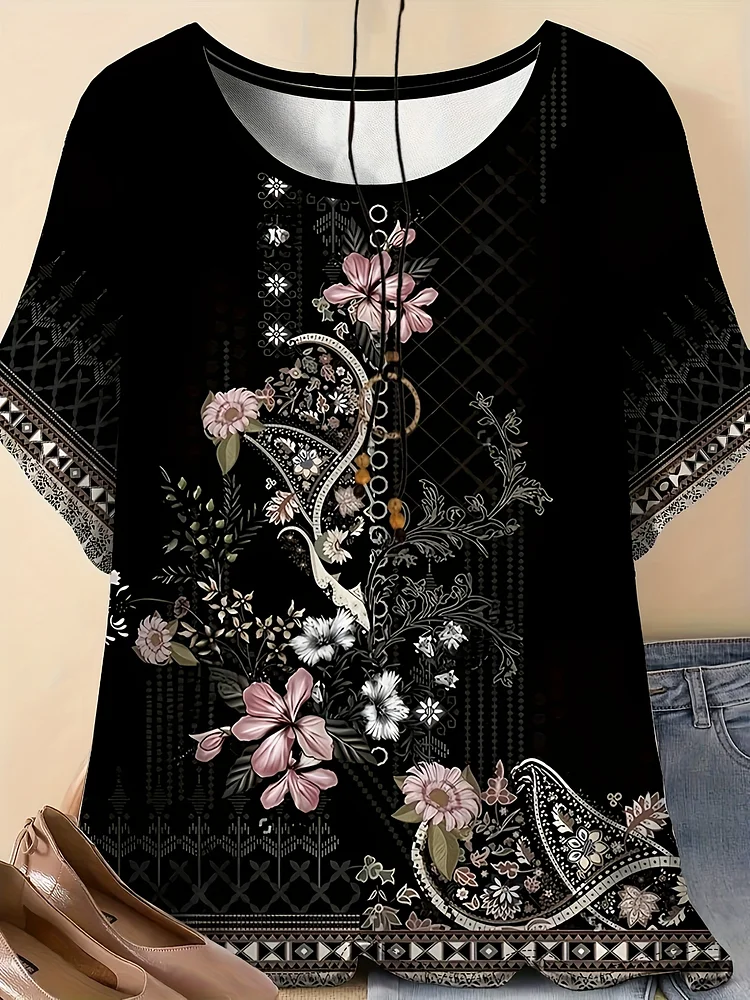 Women's Plus Size Bohemian Floral T-Shirt - Casual Short Sleeve Round Neck Top With Elegant White & Golden Floral Print, Breathable Polyester Blend, Perfect For Spring & Summer, Plus Size Blouse
