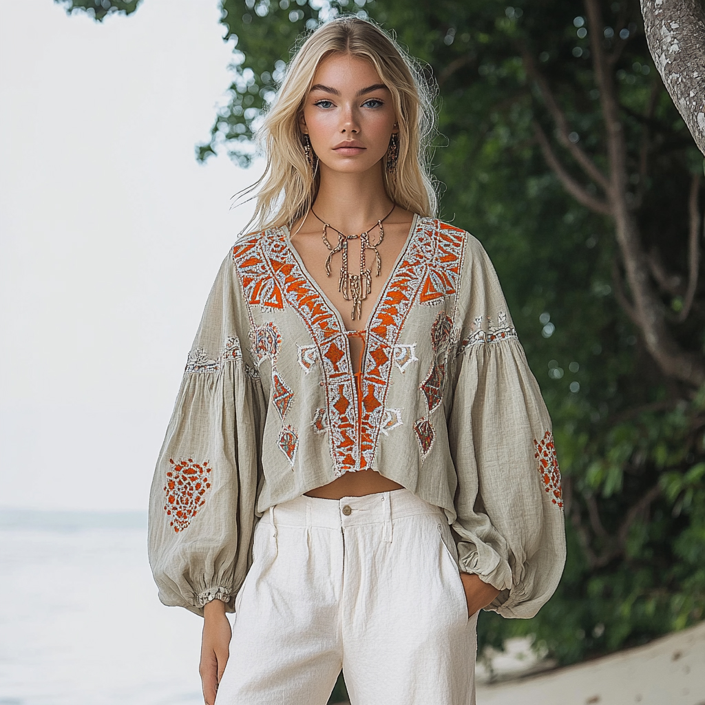 Bohemian Ethnic Pattern Linen Casual Long Sleeve Top