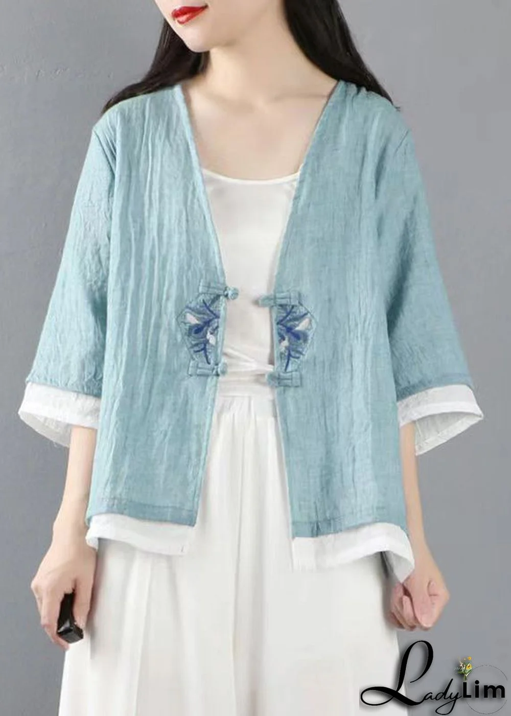 Light Blue Button Patchwork Linen Tops Coats V Neck Half Sleeve