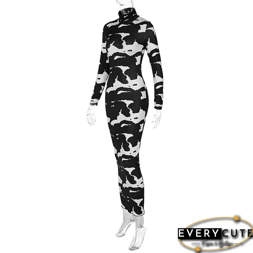 Womens Fashion Autumn Long-Sleeve Printed Bodycon Pencil Dress Streetwear Fall Clothes