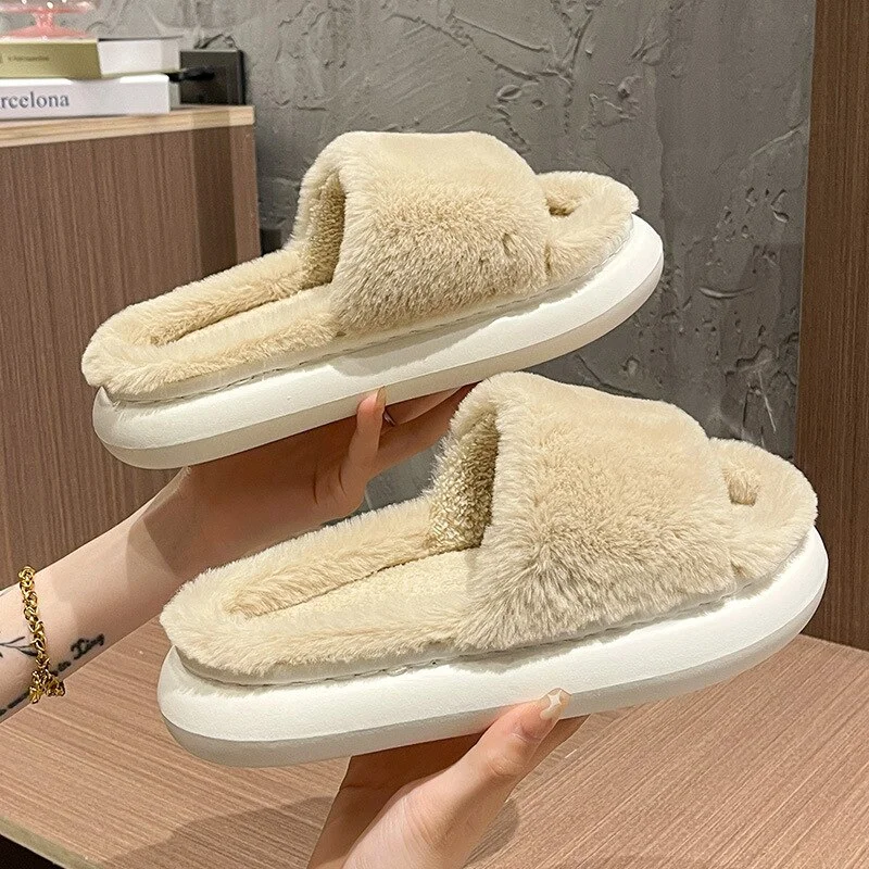 Qengg Fluffy Fur Furry Thick Platform Home Women Slippers Winter Warm Plush Slides Non-slip Flip Flops Outdoor Indoor Shoes