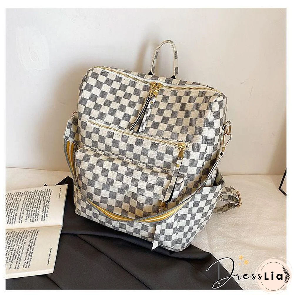 Retro Faux Leather Check Pattern Print Rucksack Vegan Backpack Tote