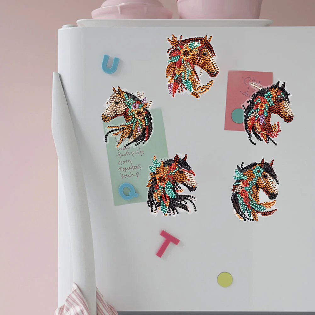  6 Pcs Long Haired Horse Diamond Painting Cartoon Fridge Magnetic Stickers