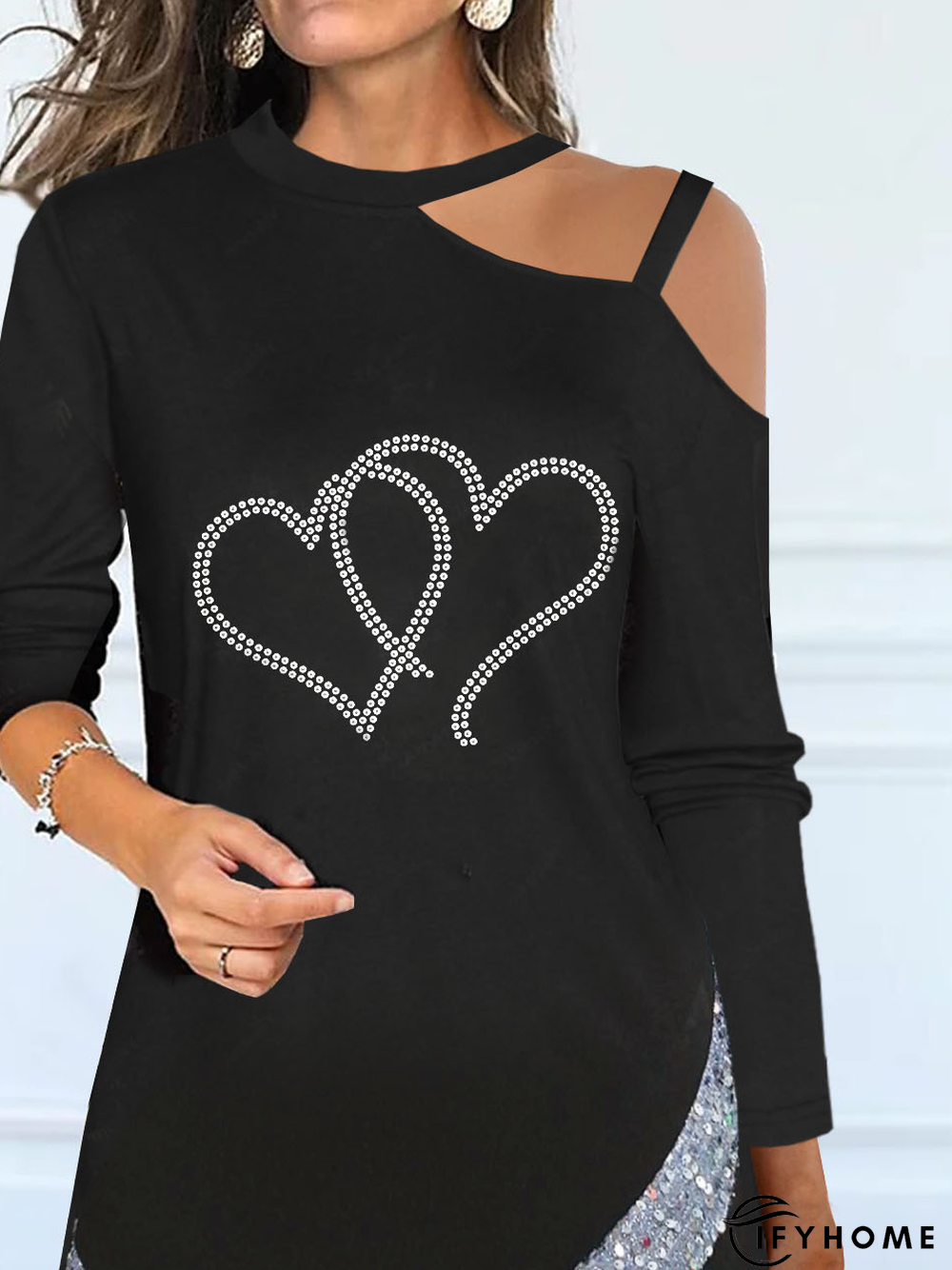 Heart/Cordate Glitter Casual Hollow Out Cold-shoulder Tunic Top | IFYHOME
