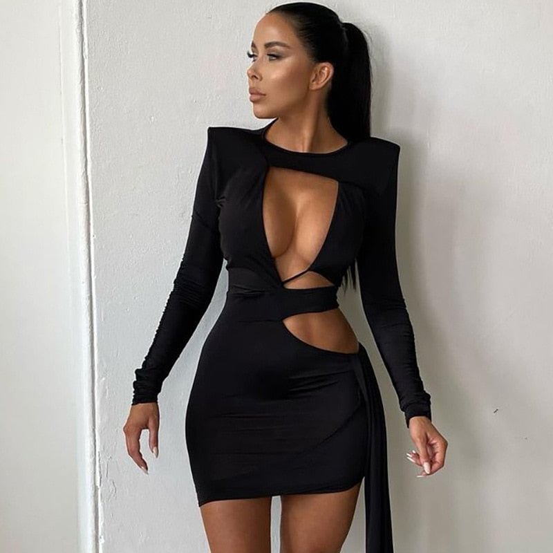 Dulzura 2021 Autumn Winter Women Long Sleeve Hollow Out Patchwork Mini Dress With Shoulder Pad Bodycon Sexy Party Club Festival