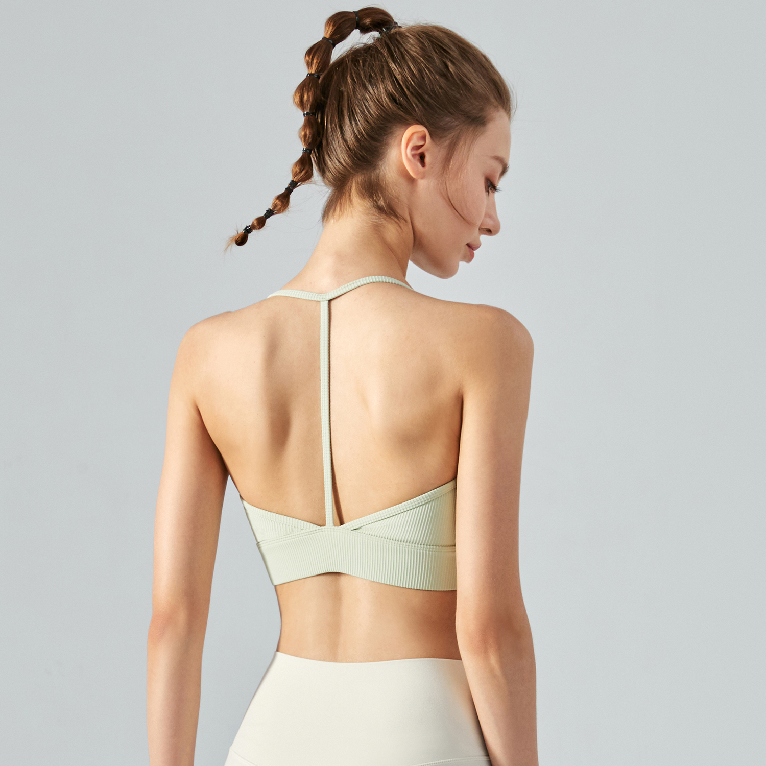 Buy different colors and types of women's t letter back thin straps halter sports bra with removable cups on Hergymclothing