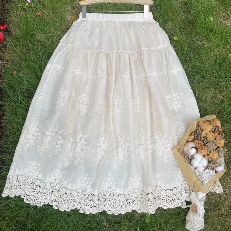 Queenfunky cottagecore style Vintage Lace A Shape Skirt QueenFunky