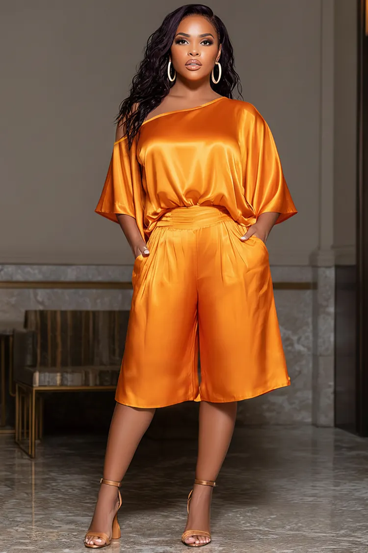 Xpluswear Design Plus Size Business Casual Orange Oblique Collar Half Sleeve Pocket Wide Leg Satin Two Piece Short Sets [Pre-Order] 2024 - Xpluswear