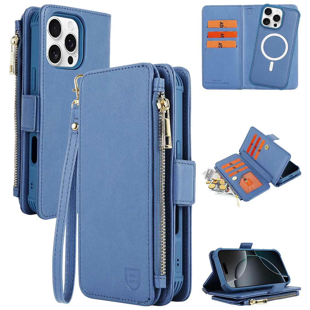 VANAVAGY Compatible for iPhone 16 Pro Max Detachable Wallet Case with RFID Blocking Card Holder for Magsafe, PU Leather Magnetic Snap Wallet Phone Case with Kickstand for 16 promax 6.9inch