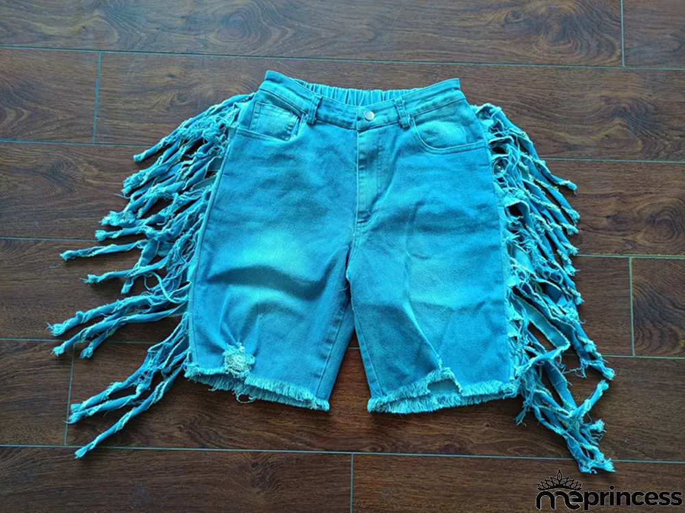 Summer Denim Stretch Pants Tassel Denim Stretch Knee-Length Shorts