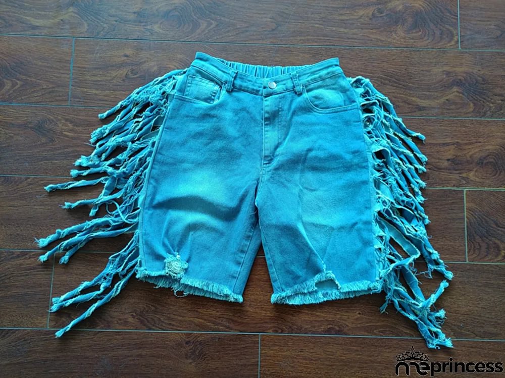 Summer Denim Stretch Pants Tassel Denim Stretch Knee-Length Shorts