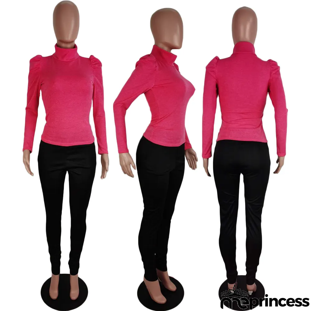 Solid Turtleneck Knitted Long Sleeve Slim Tops