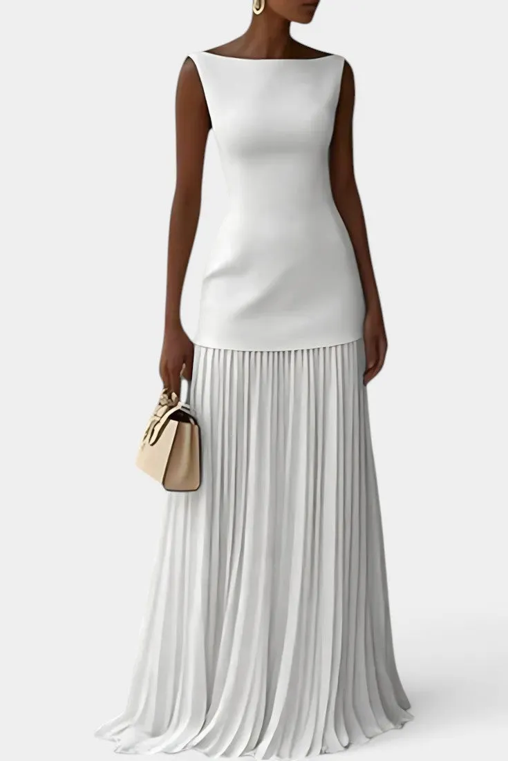 Structured Sleeveless Boat Neck Maxi with Pleated Skirt