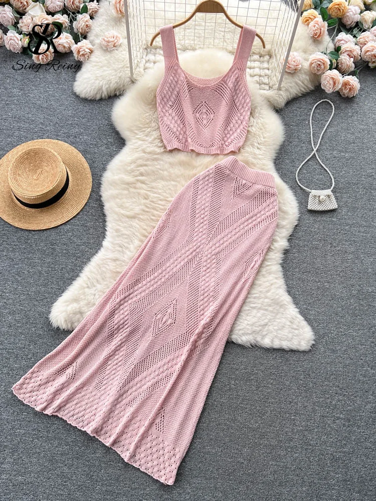 Tanguoant Summer Hollow Out Knitted Suits Women Strap Loose Camisole+A Line Long Skirts Sets 2023 Vacation Beach Two Pieces Sets