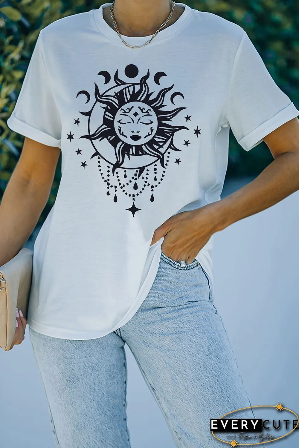 White Sun Moon Face Print Short Sleeve Graphic T-shirt