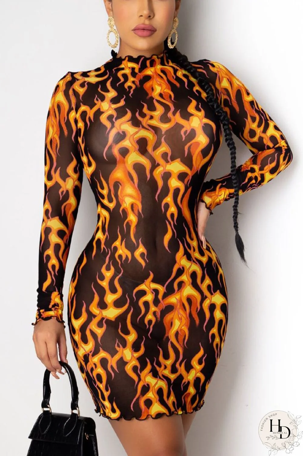 Yellow Sexy Print Mandarin Collar Sheath Dresses