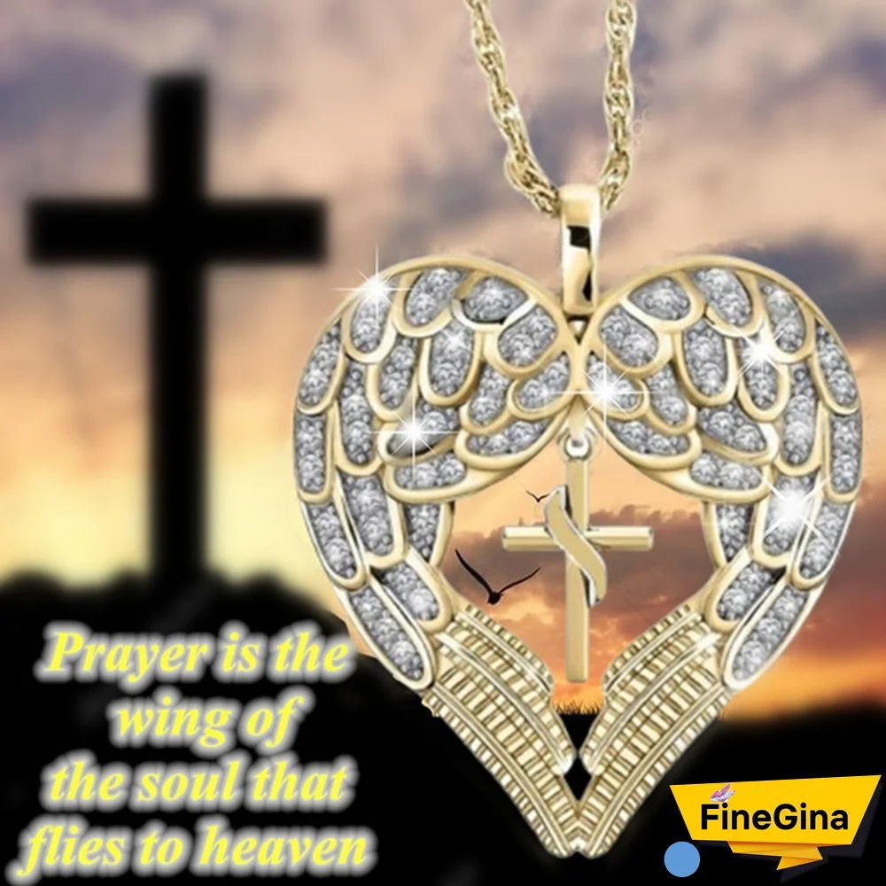 Exquisite Fashion Heart Shaped Diamond Angel Wings Cross Pendant Necklace for Women 18K Gold Necklace Fashion Accessories Angel Wings Cross Jewelry Gift