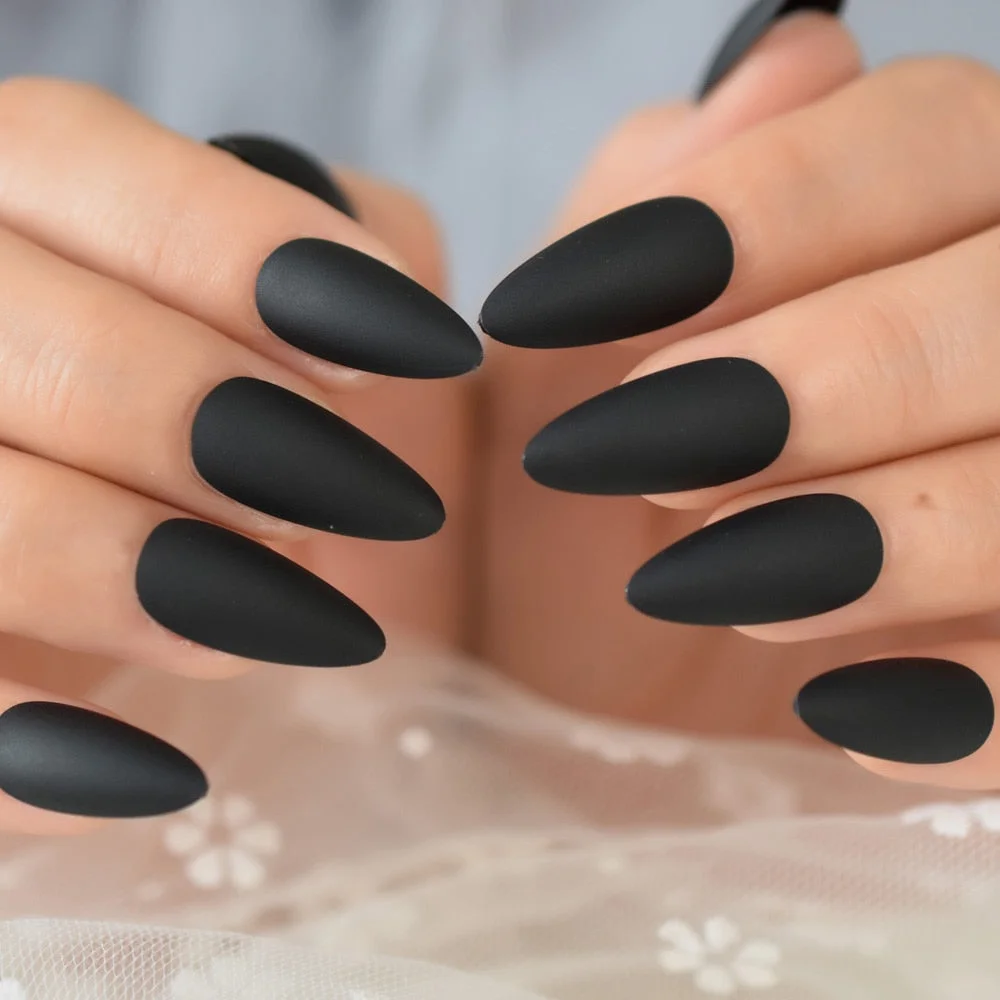 Sharp Pointed Fake Nails Black Gelnails Medium-Long Size Real Stiletto Point Acrylic Nail Tips 24-Nail Inspo