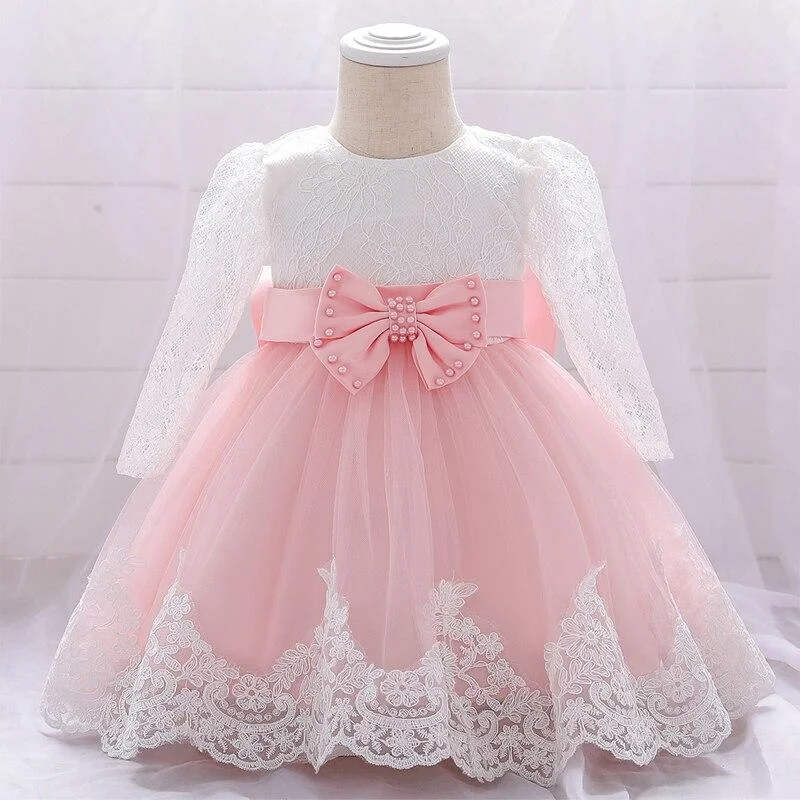 2021 Child Big Bow Baptism 1st Birthday Dress For Baby Girl Clothes Long Sleeve Princess Dresses Party And Wedding Infant Dress