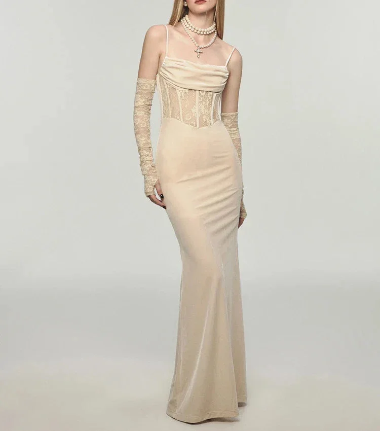 Abebey-Sexy Bodycon Maxi Dress Women  Evening Party Prom Robe Wedding Vestidos Mujer Velvet Lace Patchwork Spaghetti Strap Slim Mermaid