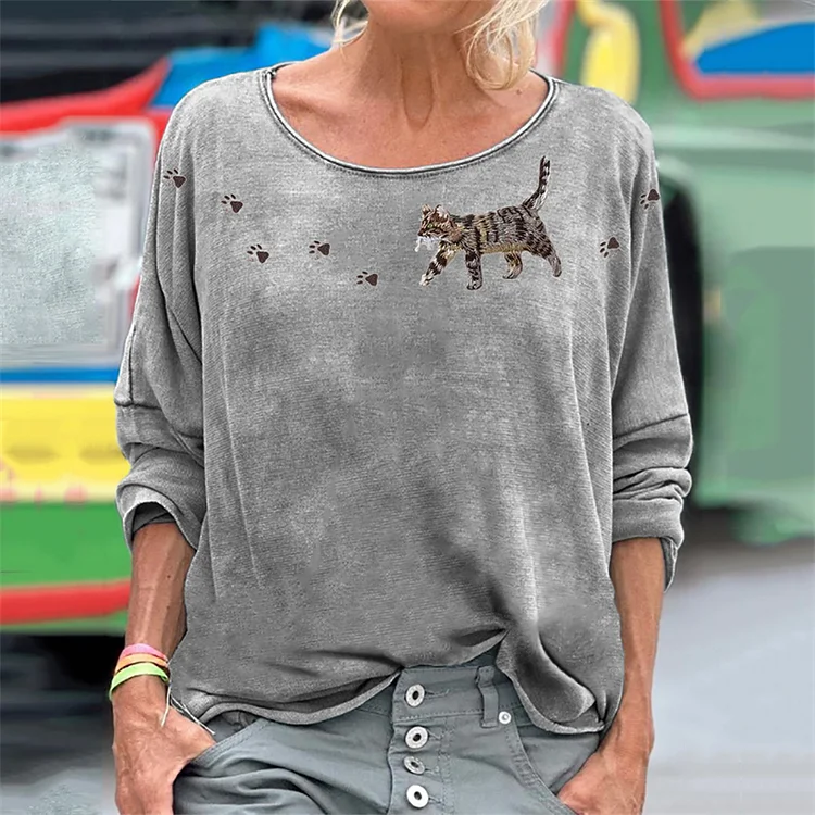 Cat & Paw Prints Yoke Embroidered Washed T Shirt