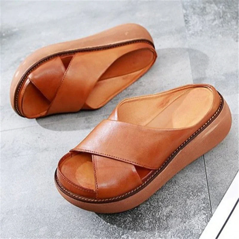 Qengg New Women's Casual Slippers Fashion Vintage Fish Mouth Wedge Sandals Platform All-match Outdoor Roman Shoes Zapatilla Mujer