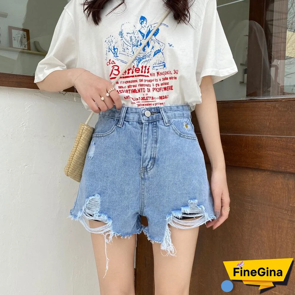 Woman Jeans Shorts Ripped Clothes High Waisted Summer Streetwear Baggy Wide Leg Vintage Fashion The New Blue Harajuku Pants