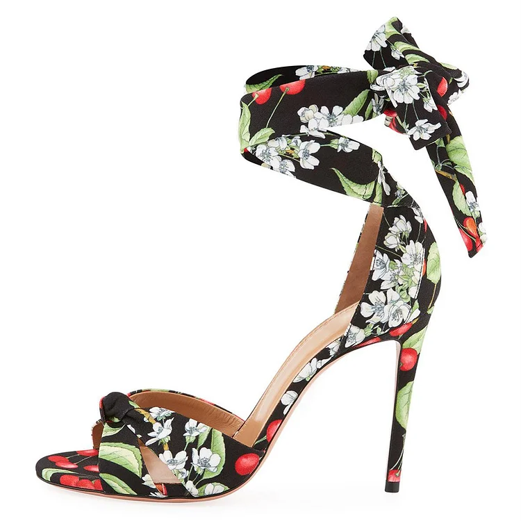 Black Satin Floral Heels Tie Stiletto Heel Sandals |FSJ Shoes