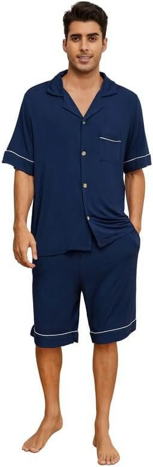 Vulcanodon Mens Pajama Set, Bamboo Viscose Button-up PJS for Men?Navy, Large?