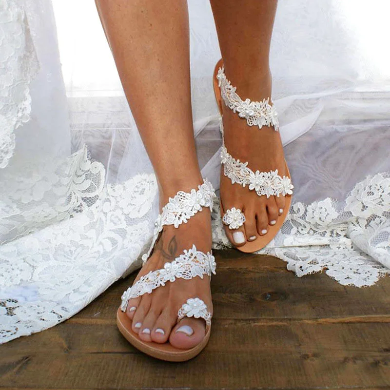 Womens Flowers Flat Lace Beach Sandals Bridal Shoes