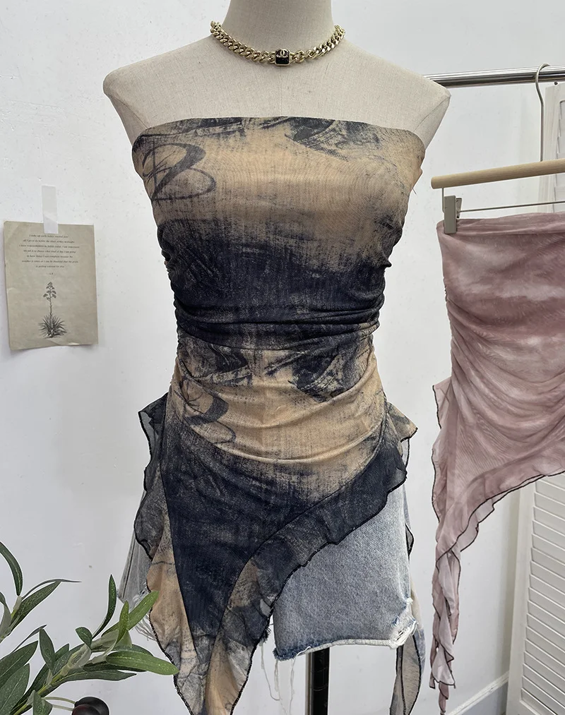 Uveng Real Shooting 2024 Summer New Dyed Printing Mesh Yarn Chest Sleeveless Top Irregular Ribbon Vest 9956