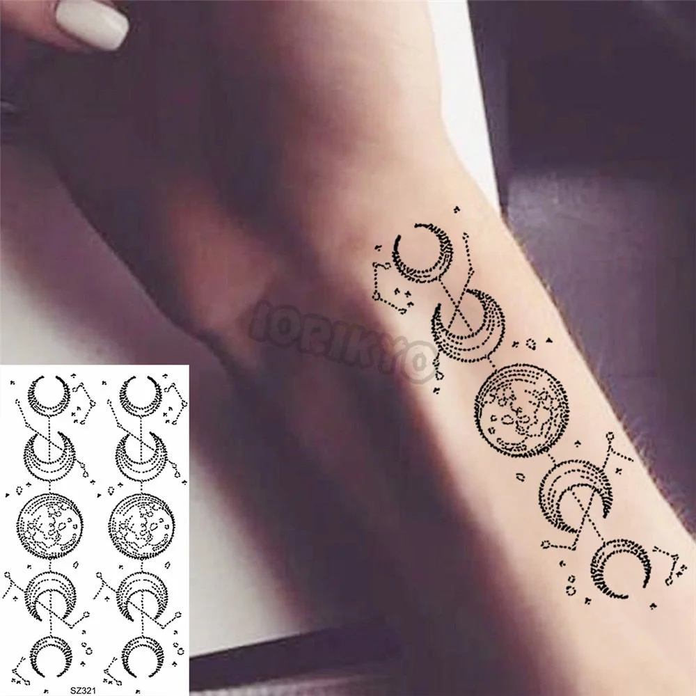 Black Pencil Sketch Henna Lotus Temporary Tattoos For Women Girls Realistic Planet Dandelion Fake Tattoo Sticker Back Arm Tatoos